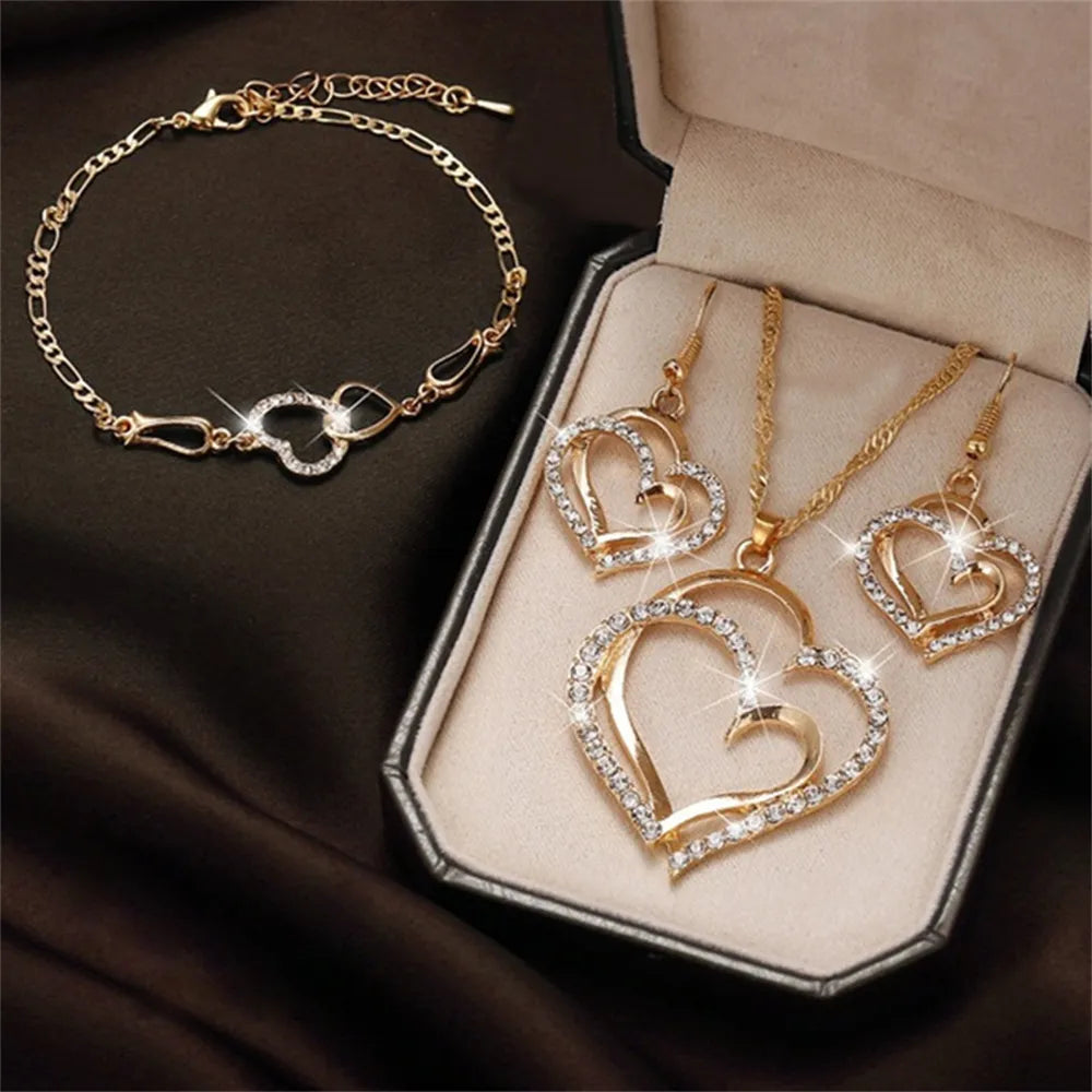 Korean Fashion Double Heart Necklace Earrings Bracelet Jewelry Set for Women Charm Ladies Jewelry Set Bridal Accessory Set Gifts