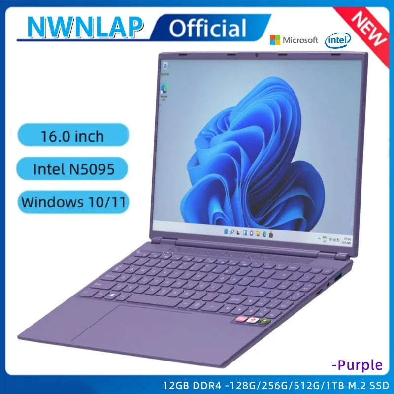 Fingerprint ID Intel Ultra Slim Notebook Quad Core N5095 Graphics UHD 16.0" Laptop 12GB RAM 128G SSD ROM Windows 10 Wifi BT 4.2