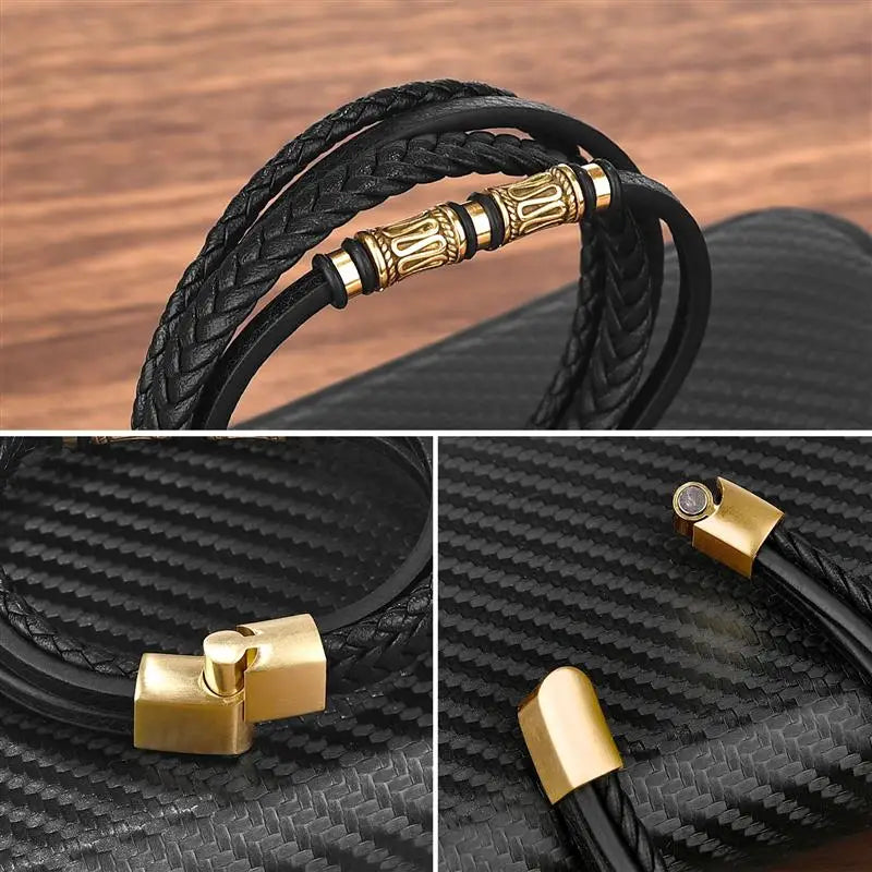 Classic Men's Stainless Steel Leather Bracelet Hand-woven Multi-layer Beaded Bracelet Fashion Man Jewelry Wholesale Dropshipping