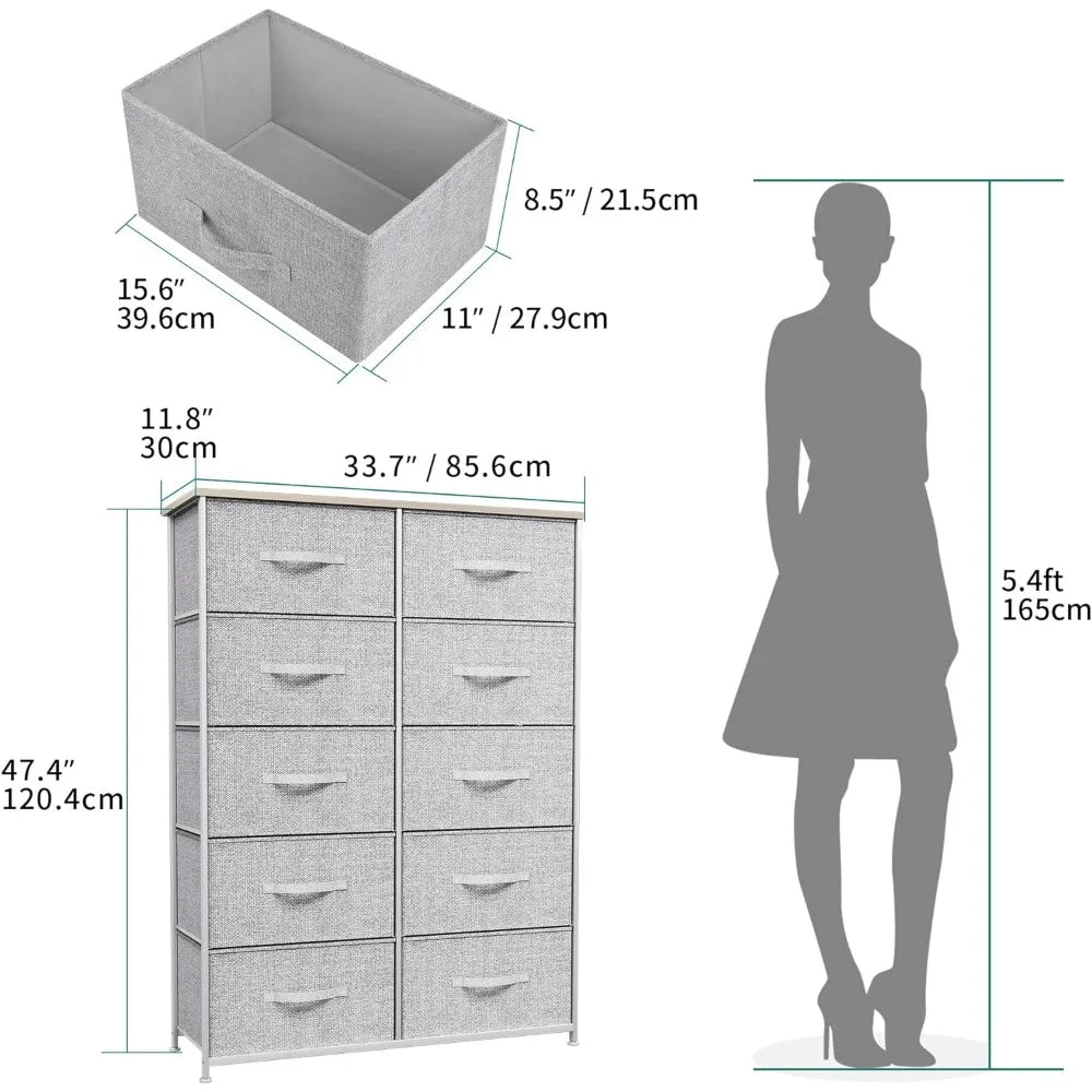 10 Drawer Dresser - Fabric Storage Tower, Living Room, Hallway, Closets & Nursery - Sturdy Steel Frame, (Light Grey)