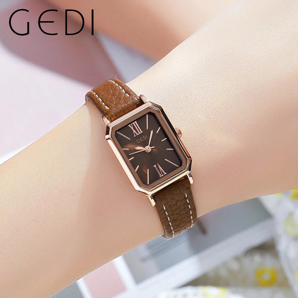 GEDI Waterproof Rectangle Small Women Watches Fashion Vintage Coffee Female Wristwatch Leather Strap Casual Quartz Ladies Clock