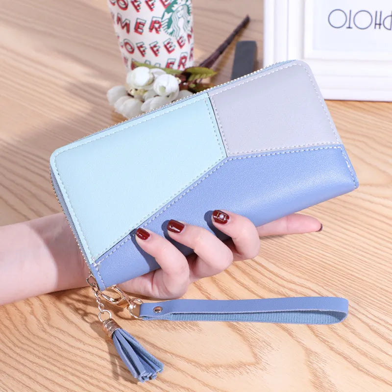 2023 New Women's Wallet Long Contrast Panel Zipper Tassel Large Capacity Wallet Mobile Case