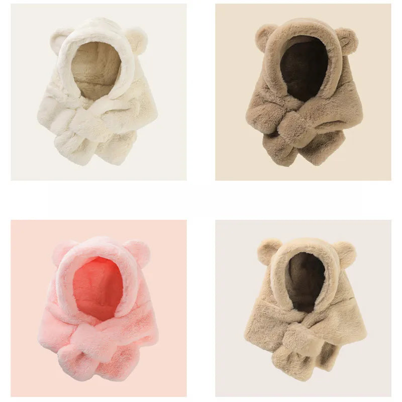 Winter Baby Hat Scarf One-Piece Faux Fur Kids Hats Cartoon Bear Warm Neck Ear Cap for Boys Girls Windproof Beanies Infant Stuffs