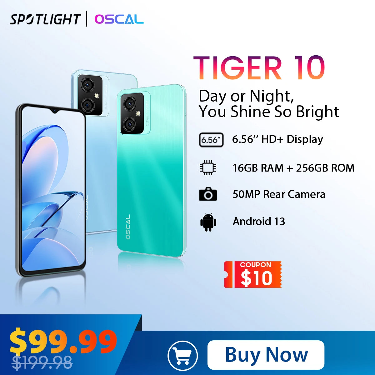 OSCAL TIGER 10 Smartphone 6.56'' HD+ Screen Android 13 Mobile Phone 16GB 256GB Octa-Core 50MP 5180mAh Cellphone