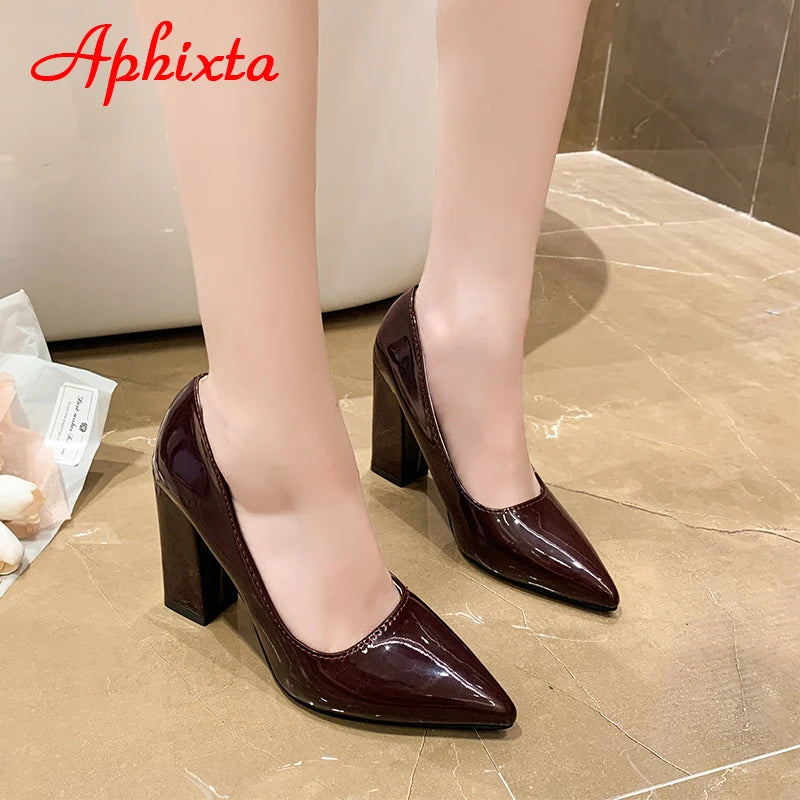 Aphixta 3.94Inch Chunky Heels Pumps Women Shoes Wine Red Patent Leather Sexy Party Official Leisure Plus Szie 33-46