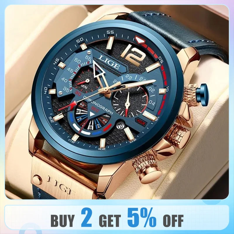 LIGE Fashion Watch Man Luxury Chronograph Sport Mens Watches Quartz Wristwatches Leather Male Waterproof Clock Relogio Masculino