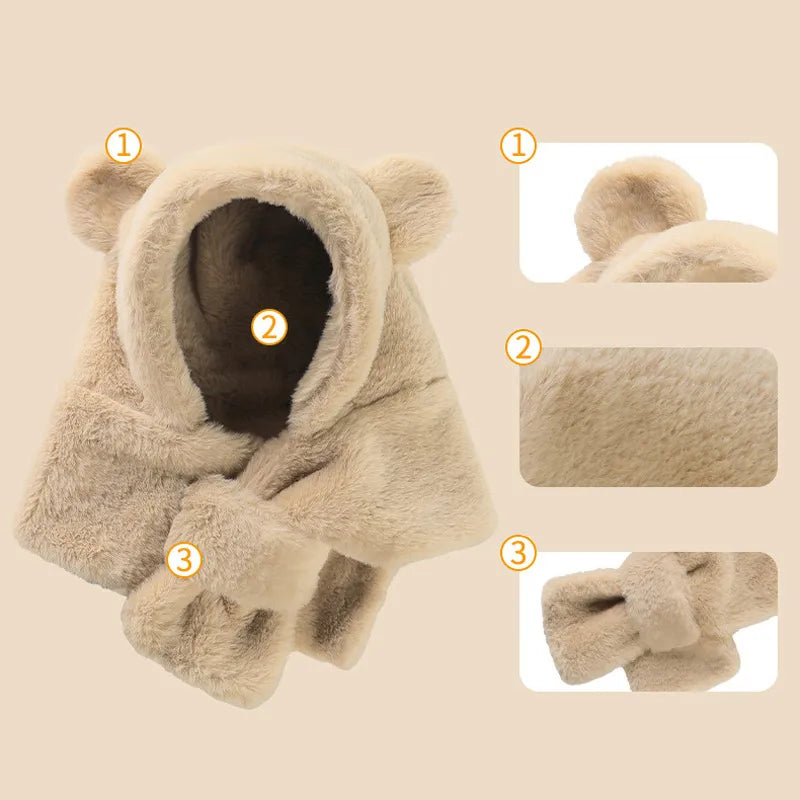 Winter Baby Hat Scarf One-Piece Faux Fur Kids Hats Cartoon Bear Warm Neck Ear Cap for Boys Girls Windproof Beanies Infant Stuffs