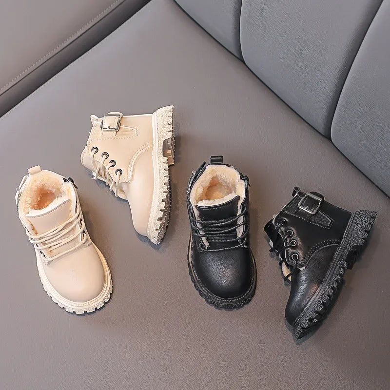 Baby Kids Short Boots Fashion Toddler Girls Booties Kids Snow Boots Winter Plush Children Waterproof Leather Boots