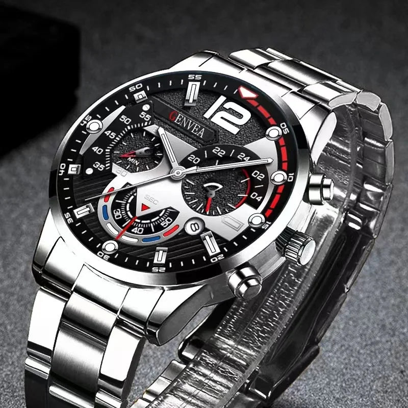 GENEVA New Fashion Watches Men Stainless Steel Top Brand Luxury Sports Chronograph Quartz Watch Men Clock Man Relogio Masculino