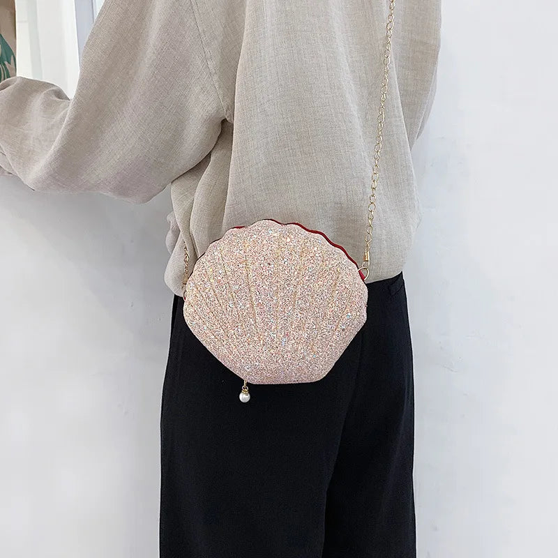 Women Shoulder Handbags Shell Bag Chain Cute Sequins Small Bag Phone Money Pouch Zipper Crossbody Bags for Women Bolsa Feminina