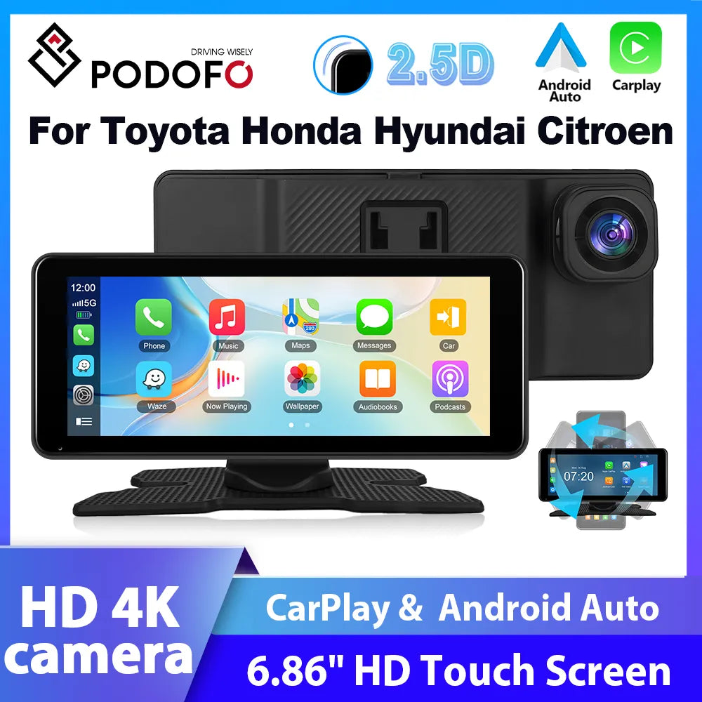 Podofo 6.86" Car Radio Multimedia Video Player Mirror Carplay Android Auto Car Monitor GPS Navigation Rearview Camera Dashboard