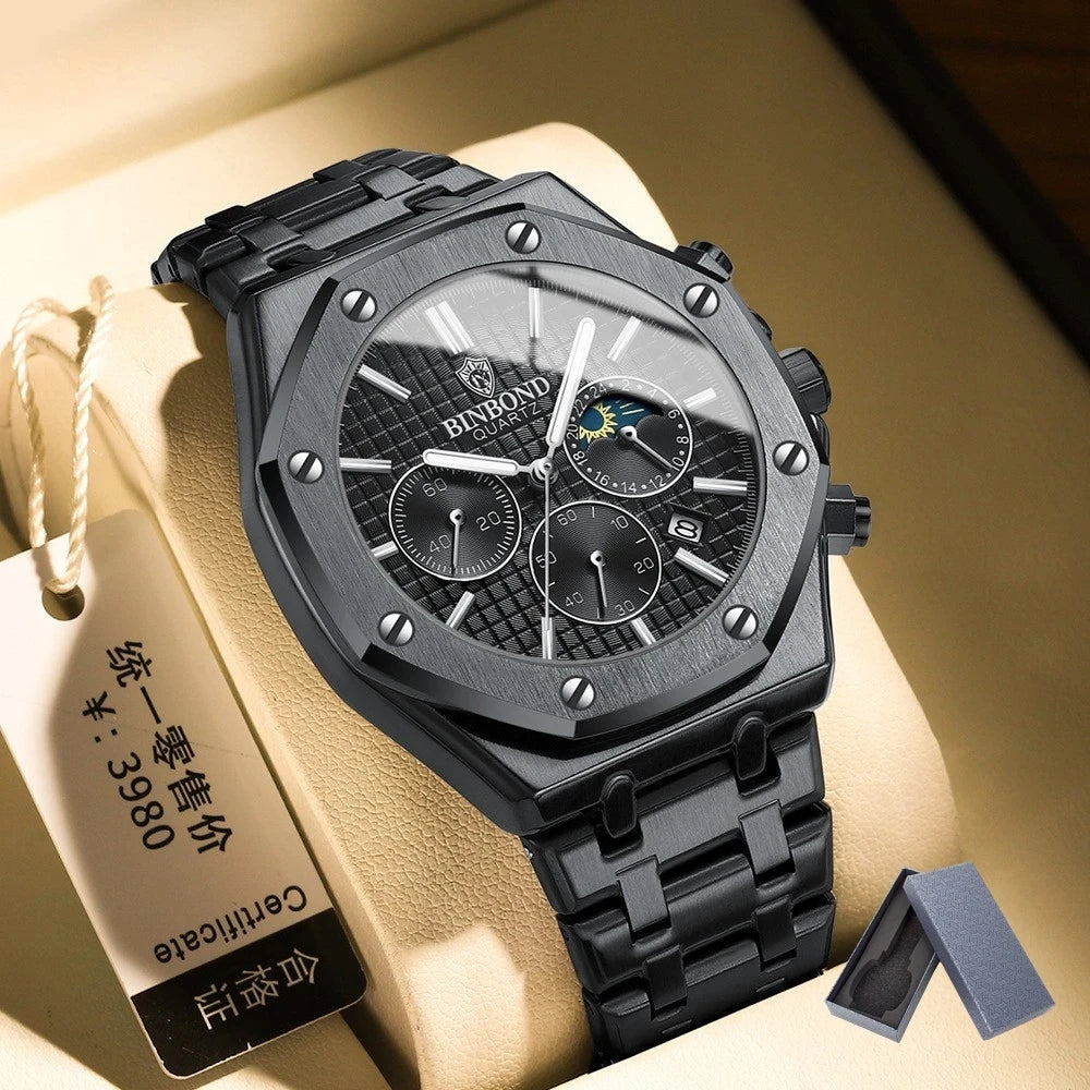 2023 BINBOND B0161 Top box Brand Man Casual Quartz Watch Luxury Luminous Wristwatch Stainless Steel Waterproof Men Clock