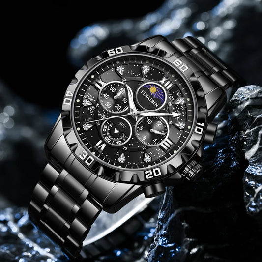 Luxury Sport Men Watch Quartz with Steel Belt Moon Phase Waterproof Luminous Chronograph Multi Function saat erkek kol saati