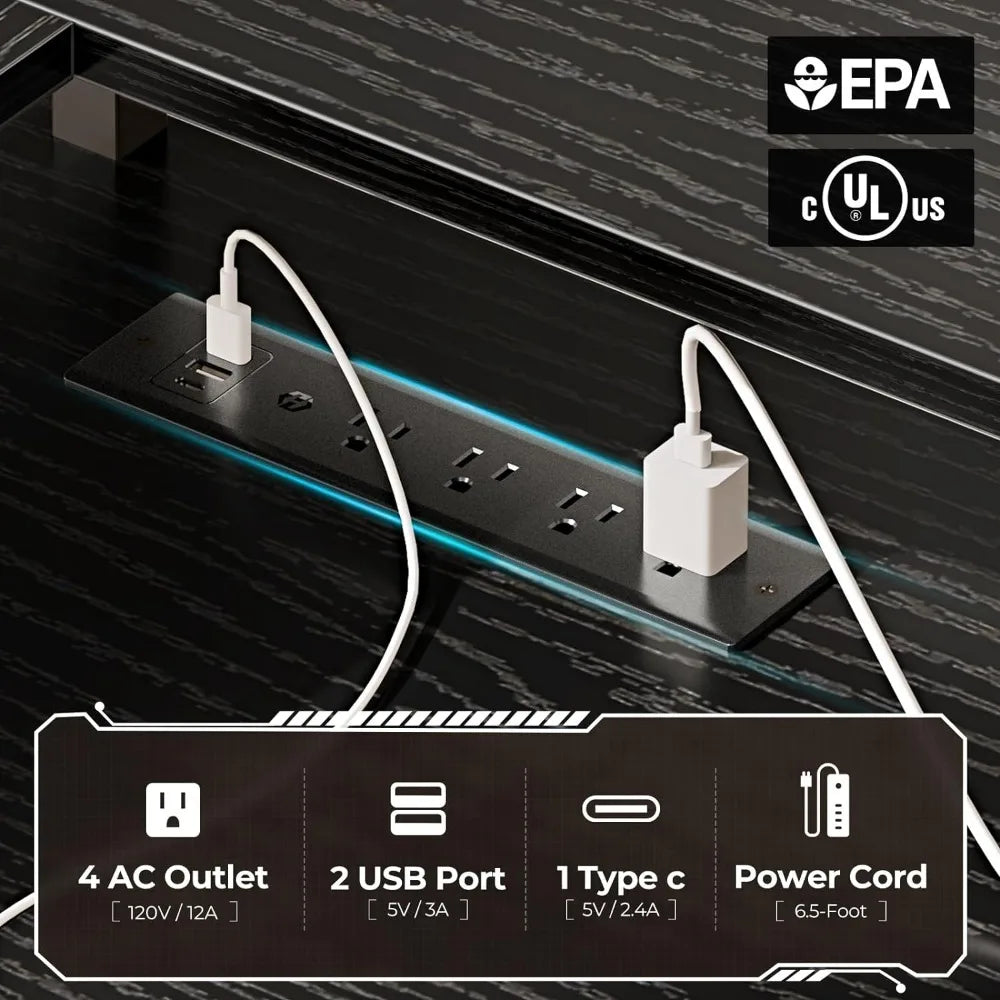 مكتب ألعاب على شكل حرف L مع 4 أدراج، ومكاتب كمبيوتر وإضاءة LED ومنافذ طاقة، وأرفف مكتب منزلي وشاشة لغرفة المعيشة، لون أسود
