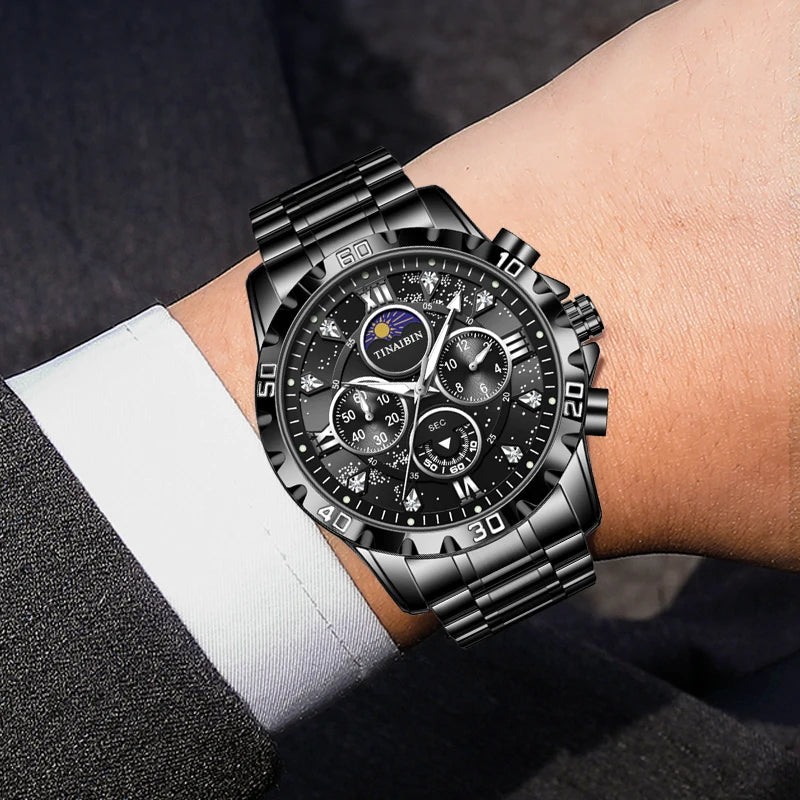 Luxury Sport Men Watch Quartz with Steel Belt Moon Phase Waterproof Luminous Chronograph Multi Function saat erkek kol saati