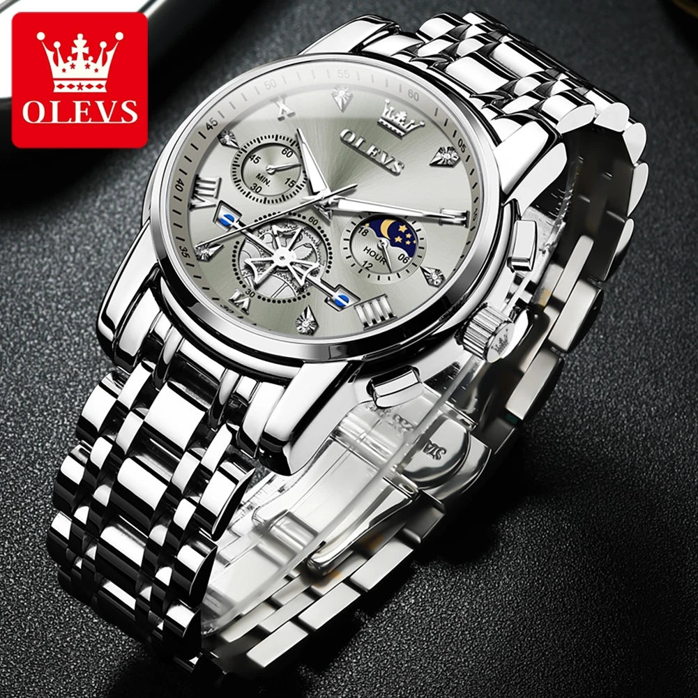 OLEVS Stainless Steel Men's Watches Chronograph Moon Phase Waterproof Luminous Quartz Wrist Watch for Men Luxury Brand Man Watch