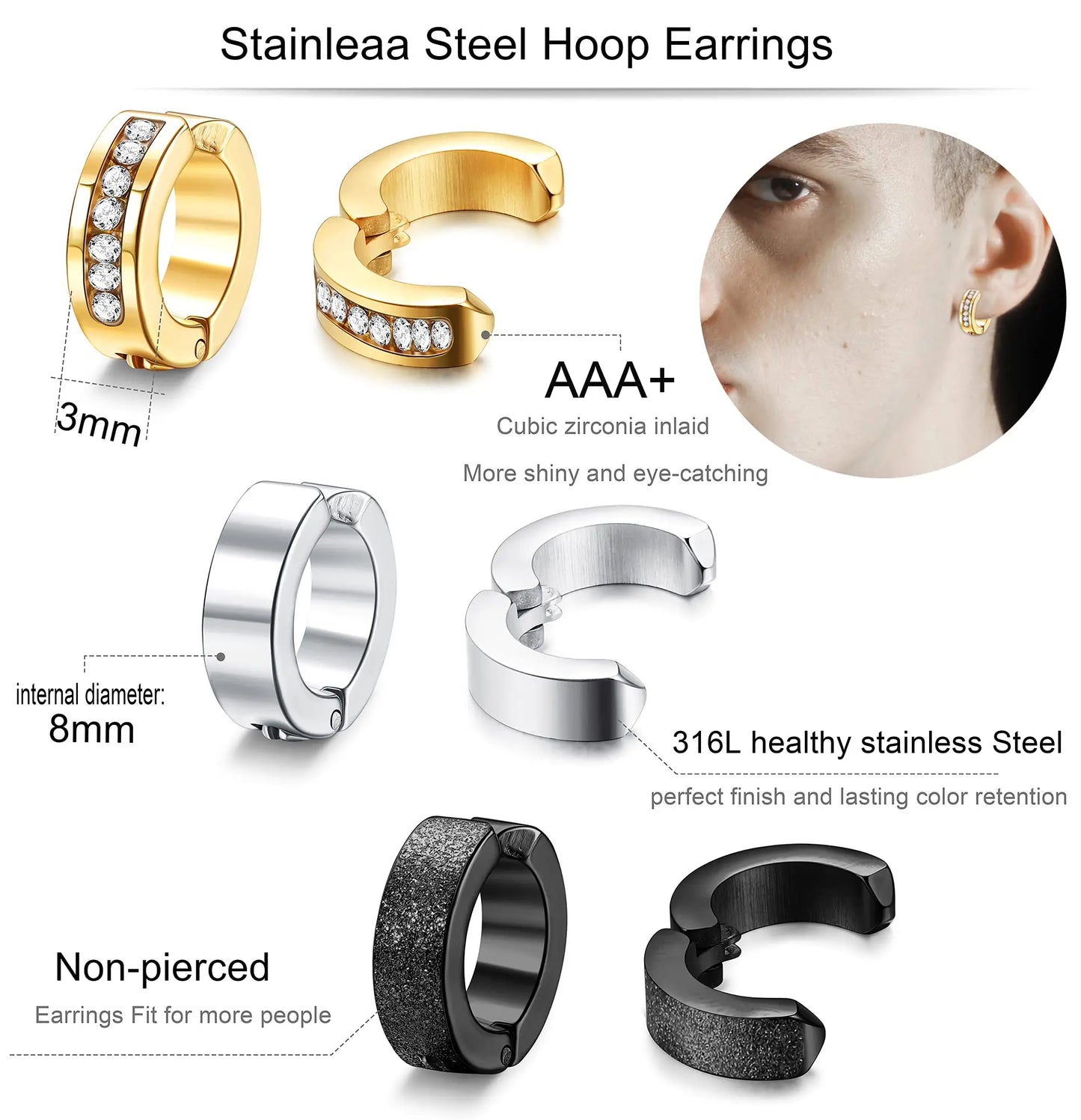 1-9 Pairs Non-Piercing Earrings Stainless Steel Clip On Hoop Earrings For Men Women Paved CZ Ear Clip Earrings Set