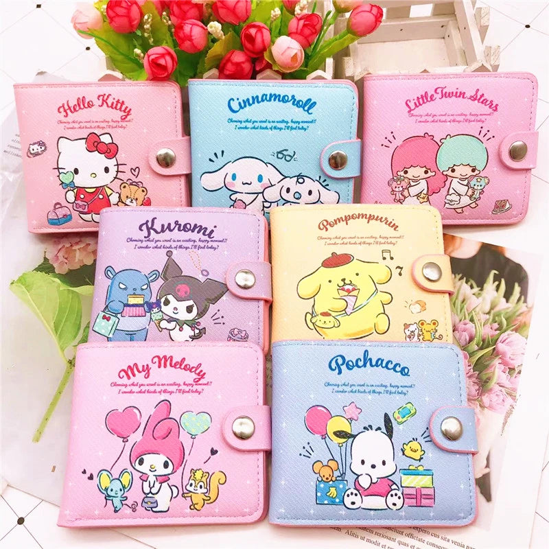 Women Anime Hello Kitty Small Short Wallet for Girls Pink Bag Kuromi Cinnamoroll Kawaii Coin Purse with Buttons Folding Wallets