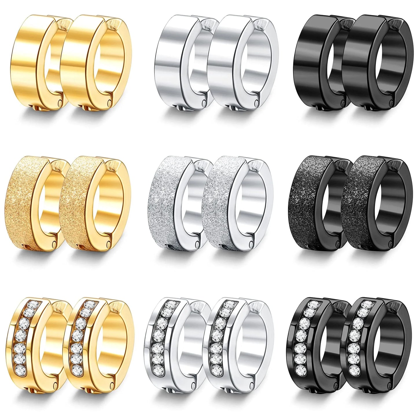 1-9 Pairs Non-Piercing Earrings Stainless Steel Clip On Hoop Earrings For Men Women Paved CZ Ear Clip Earrings Set