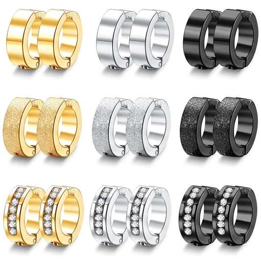 1-9 Pairs Non-Piercing Earrings Stainless Steel Clip On Hoop Earrings For Men Women Paved CZ Ear Clip Earrings Set