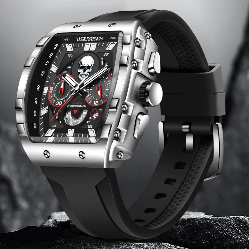 LIGE Brand Watch Men Skeleton Skull Dial Sport Army Watches Mens Fashion Luxury Waterproof Quartz Watch Chronograph Montre Homme