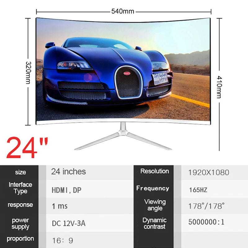 165hz Monitors Gamer 24 inch 1920* 1080p LCD Curved Monitor PC HDMI Compatible monitor desktop HD gaming Monitor 144hz displays