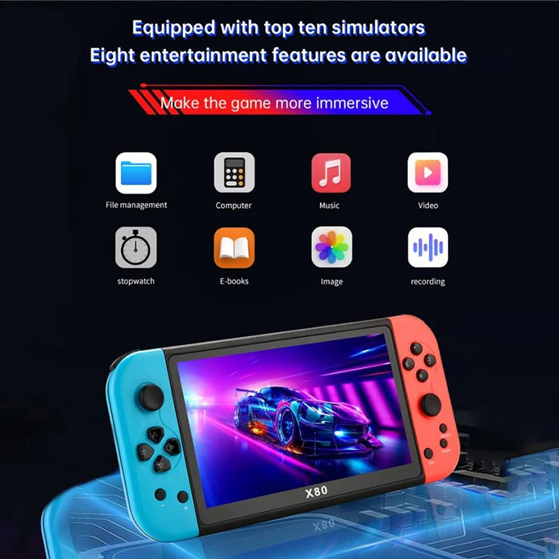 QZT X80 Retro Game Console 7.0 Inch Screen Portable Double Rocker Handheld Game Console Built-in 20000+ Classic Games Games Gift