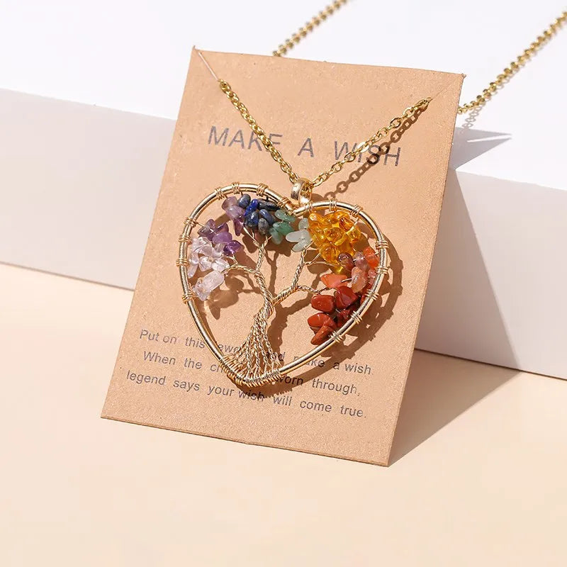 Change Better 7 Chakras Tree Of Life Pendant Necklace Gold Color Wisdom Natural Crystal Chip Beads Reiki Healing Jewelry Gift