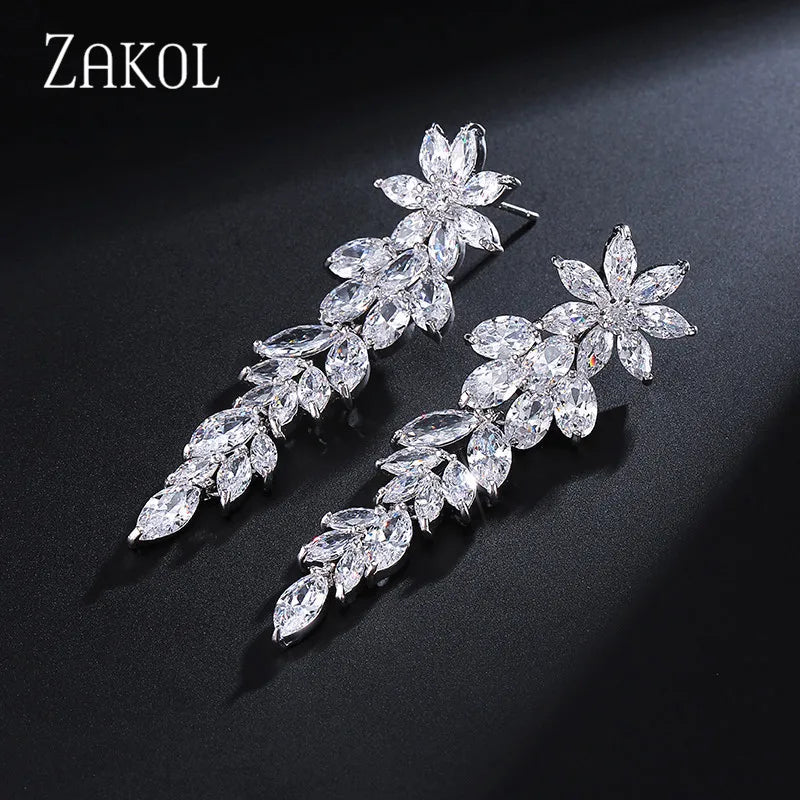 ZAKOL Luxury Gorgeous Marquise Cluster Flower Shape Cubic Zirconia Long Dangle Drop Earrings for Brides Wedding Jewelry EP005