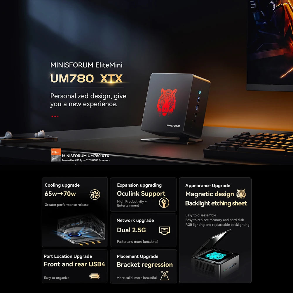 MINISFORUM UM780 XTX Mini PC AMD Ryzen 7 7840HS Gaming Mini PC Windows 11 DDR5 32GB 1TB SSD 8K USB4 WiFi6E Desktop Mini Computer