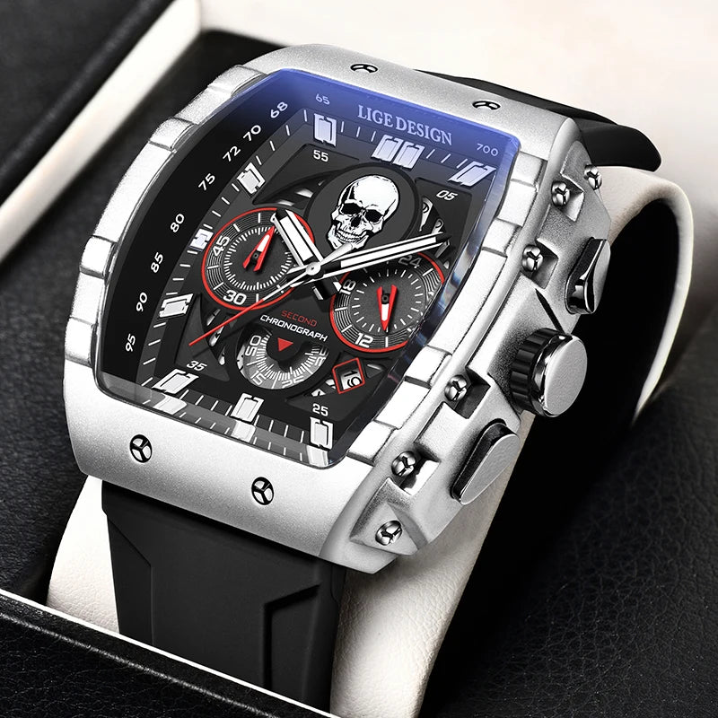 LIGE Brand Watch Men Skeleton Skull Dial Sport Army Watches Mens Fashion Luxury Waterproof Quartz Watch Chronograph Montre Homme