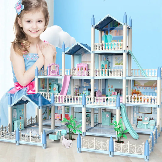 3D Princess Big Villa DIY Dollhouse casa muñecas Pink Castle Play House With Slide Yard Kit Assembled Doll House Kids Toys Gift