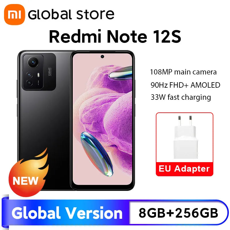 النسخة العالمية الجديدة من هاتف Xiaomi Redmi Note 12S بذاكرة وصول عشوائي (RAM) سعة 256 جيجابايت وذاكرة قراءة فقط (ROM) وشاشة AMOLED مقاس 6.43 بوصة وكاميرا بدقة 108 ميجابكسل ومعالج MTK Helio G96 وبطارية 5000 مللي أمبير في الساعة وتردد 90 هرتز