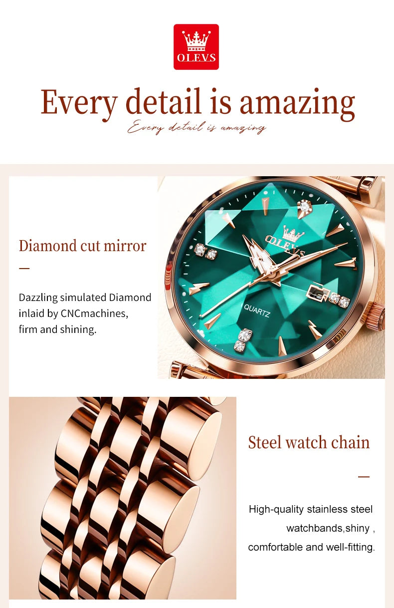 OLEVS Women Luxury Jewelry Quartz Watch Waterproof Stainless steel Strap Rose Gold Watch for Women Fashion Watch Bracelet Set