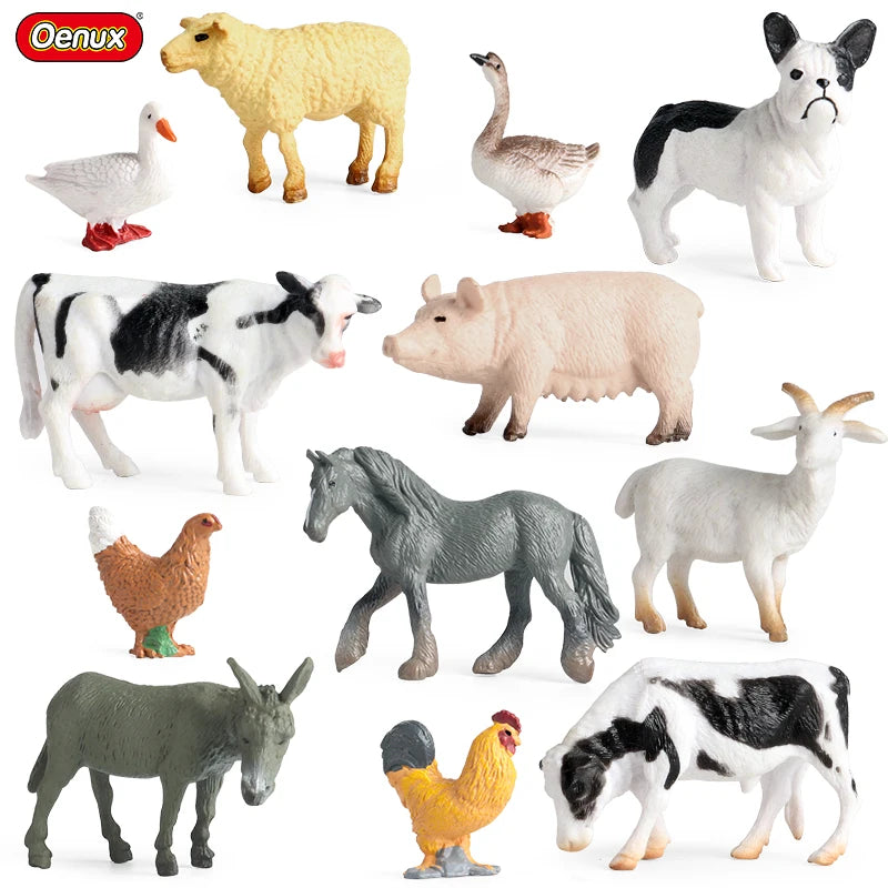 Oenux Small Farm Wild Animal Model Lion Tiger Sheep Pig Dog Action Figures PVC Lovely Miniature Playset Education Kid Toys Gift