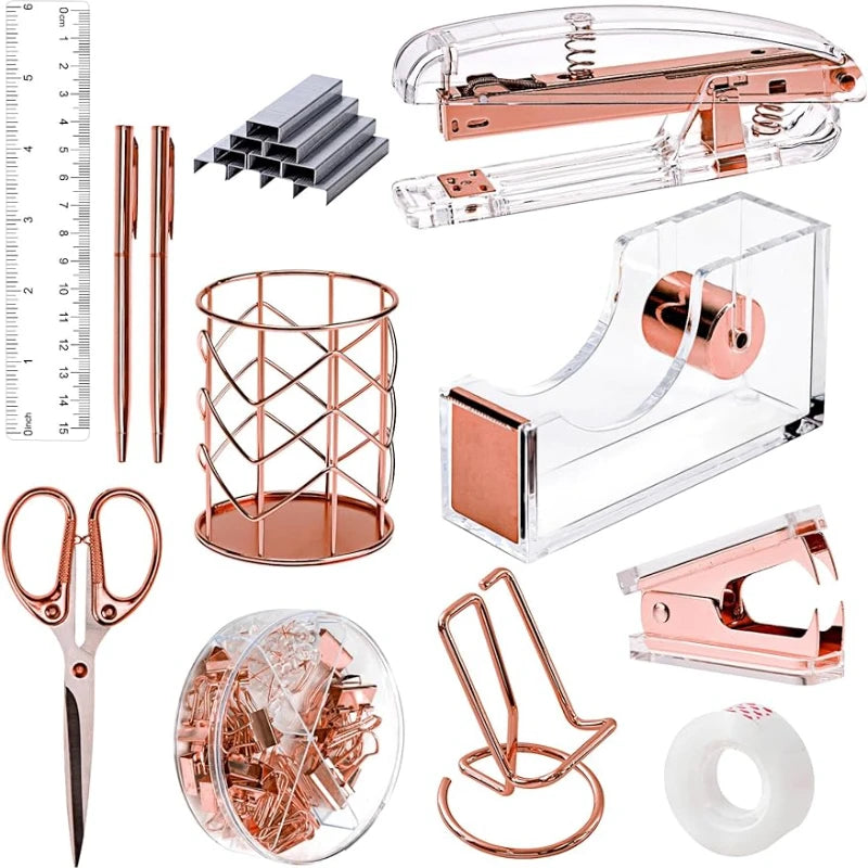 Rose Gold Acrylic Office Supplies Set Desk Accessories Stapler Set Remover Phone Pen Holder Scissor Ruler Tape and Staples