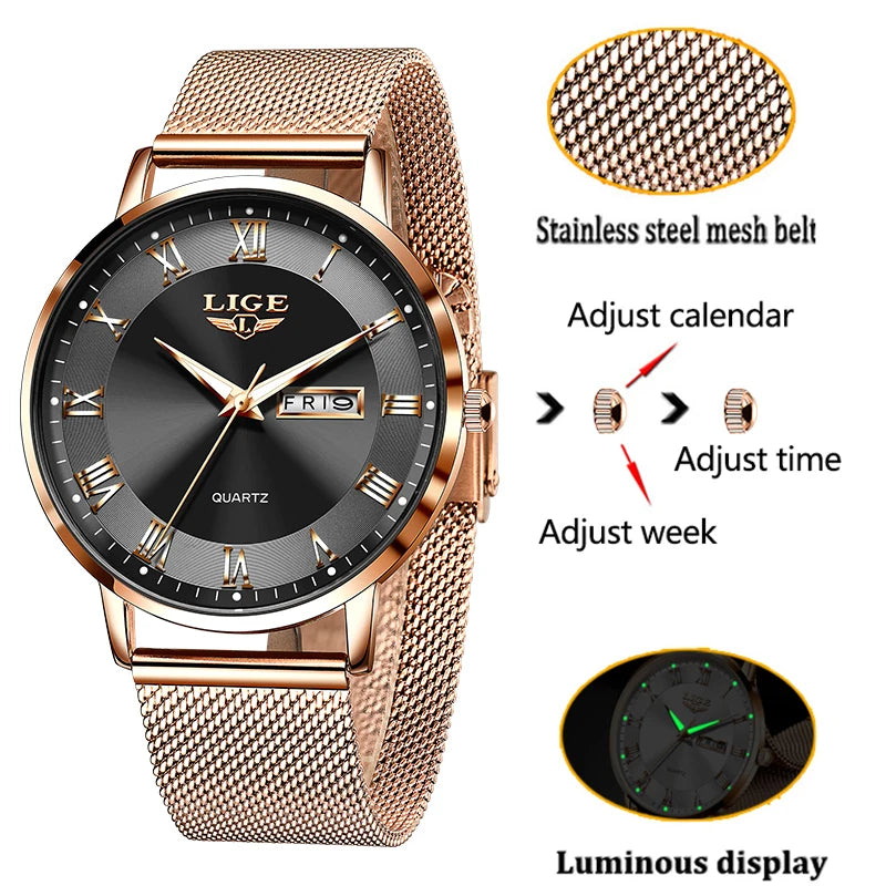 LIGE Women Watch Bracelet Quartz Clock Movement Simple Waterproof Rose Gold Stainless Steel Mesh Ladies Watches Relogio Feminino