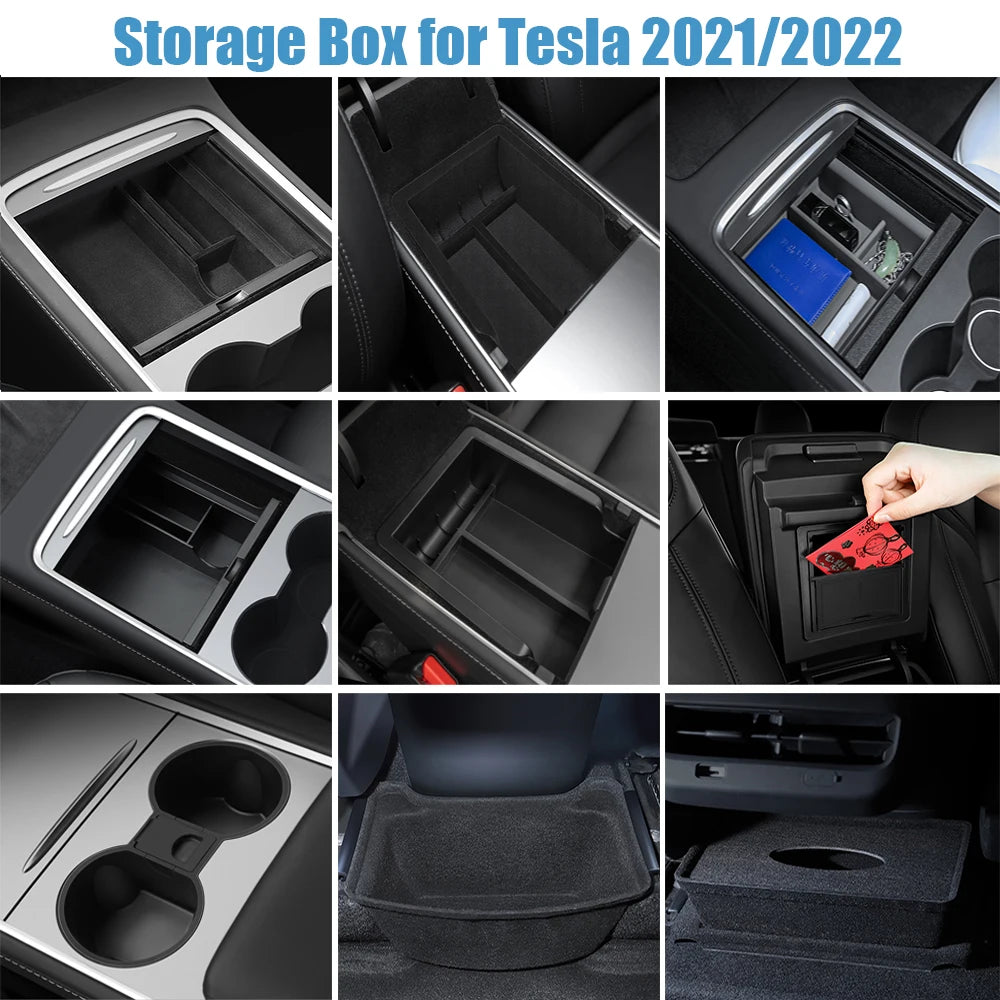 Car Storage Box For Tesla 2023 Model Y 2024 Model 3 Center Armrest Hidden Box Cup Holder Console Organizer Car Box Accessories