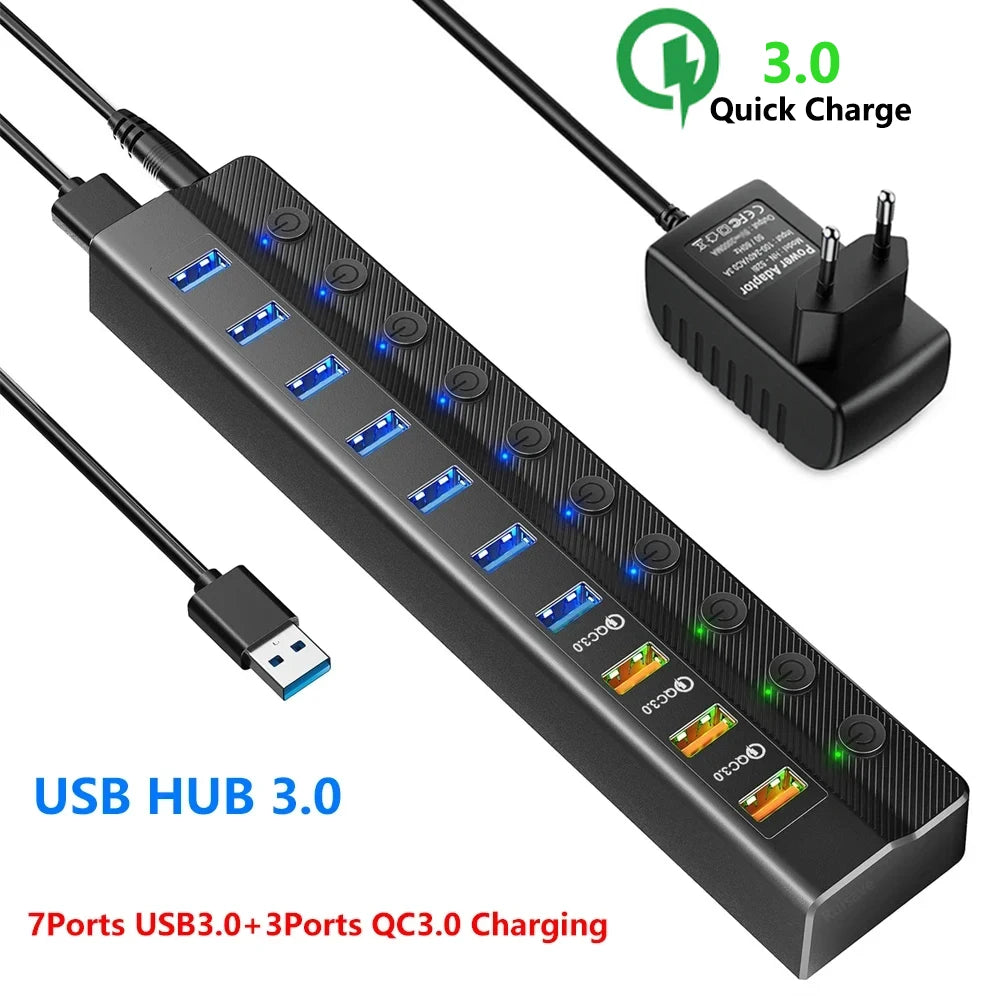 موزع تمديد USB عالي السرعة مزود بمنفذ USB 3.0 مع محول طاقة يدعم الشحن السريع QC 3.0 وملحقات الكمبيوتر المحمول والكمبيوتر الشخصي