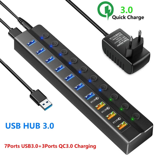 موزع تمديد USB عالي السرعة مزود بمنفذ USB 3.0 مع محول طاقة يدعم الشحن السريع QC 3.0 وملحقات الكمبيوتر المحمول والكمبيوتر الشخصي