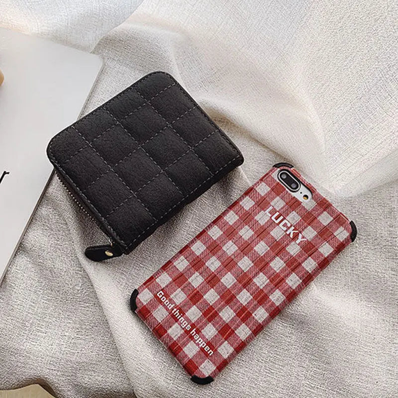 Women Fashion Small Zipper Wallet with Coin Purse PU Leather Plaid Purses Ladies Cute Mini Korean Version Small Card Pack New In