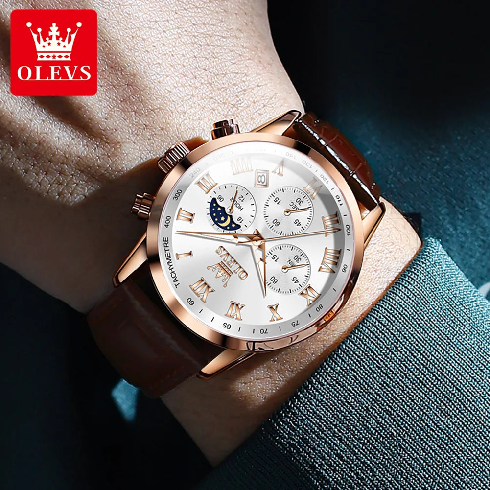 OLEVS Luxury Quartz Watch for Men Business Waterproof Sport Male Watches Leather Strap Moon Phase Wristwatch Relogios Masculino