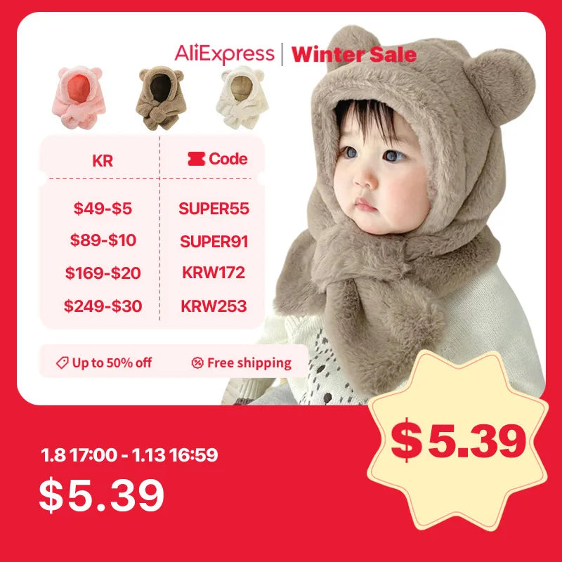 Winter Baby Hat Scarf One-Piece Faux Fur Kids Hats Cartoon Bear Warm Neck Ear Cap for Boys Girls Windproof Beanies Infant Stuffs