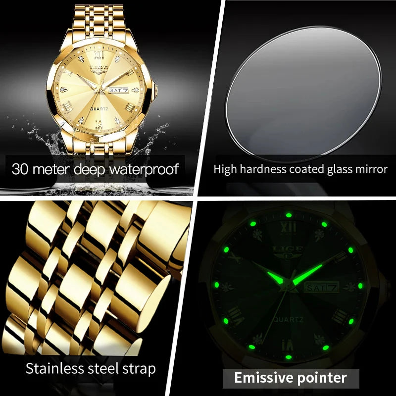 LIGE Ladies Wristwatch Luxury Waterproof Luminous Date Gold Watch For Women Dress Stainless Steel Quartz Women's Watches+Box