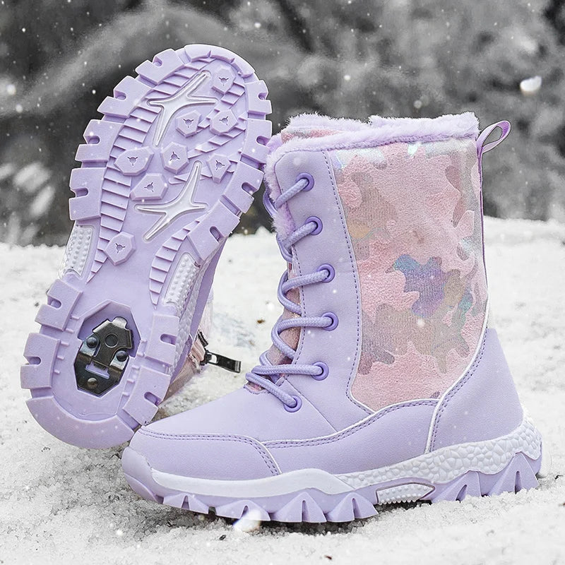 YISHEN Snow Boots For Girls Warm Plush Children's Boots Princess Shoes Warm Fur Antiskid Mid-calf Boots Child Winter Shoes Pink