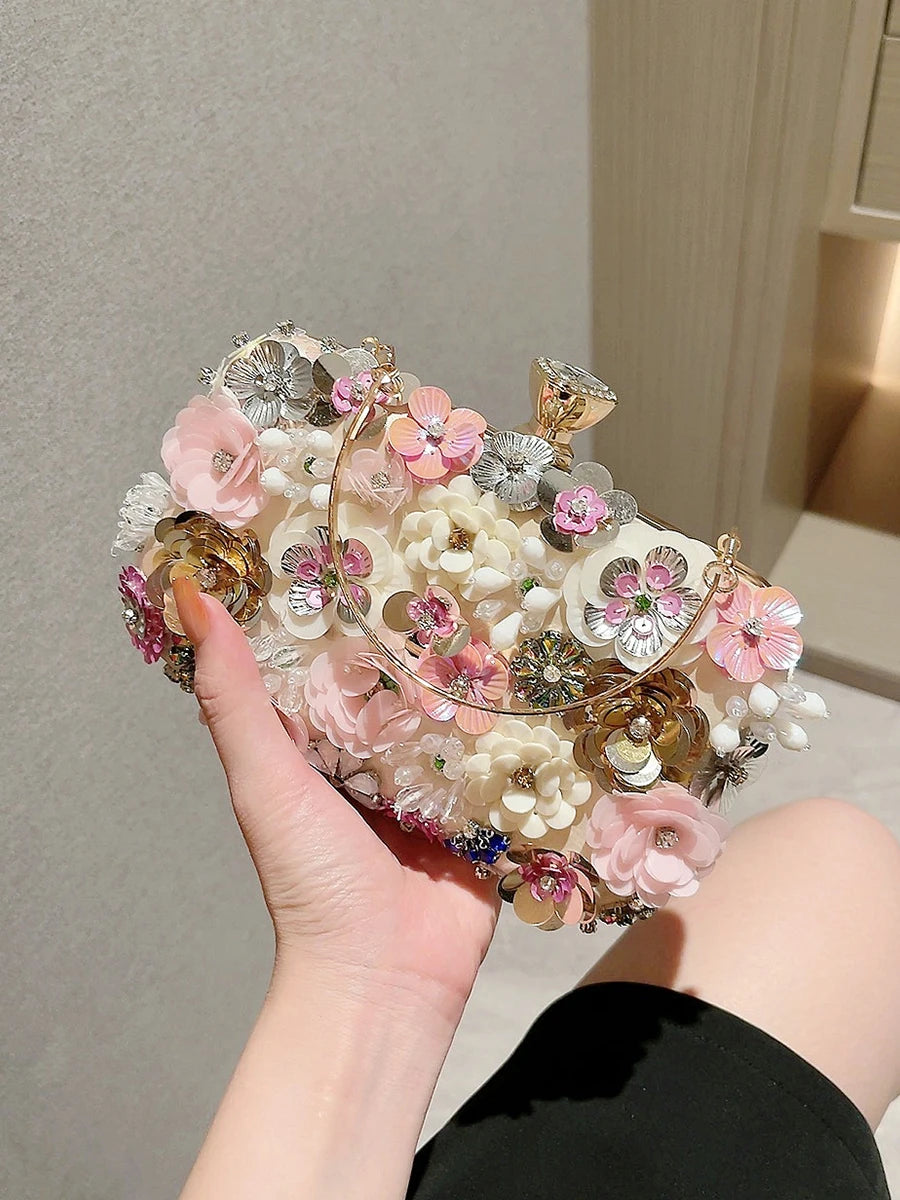 3D Beaded Flower Evening Bag, Elegant Box Clutch Purse, Women's Wedding Handbags For Party Prom