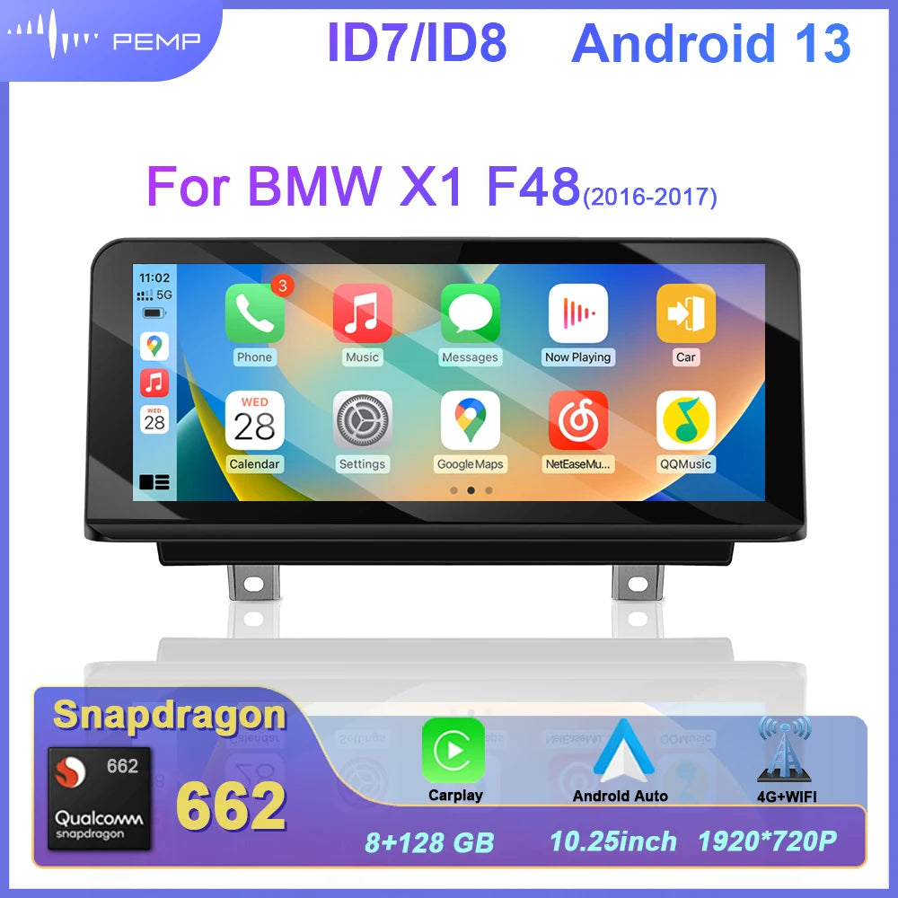 PEMP Snapdragon 662 10.25" Android 13 Auto Radio Car Player Multimedia GPS Navigation for BMW X1 2016-2017 NBT Carplay Screen 4G