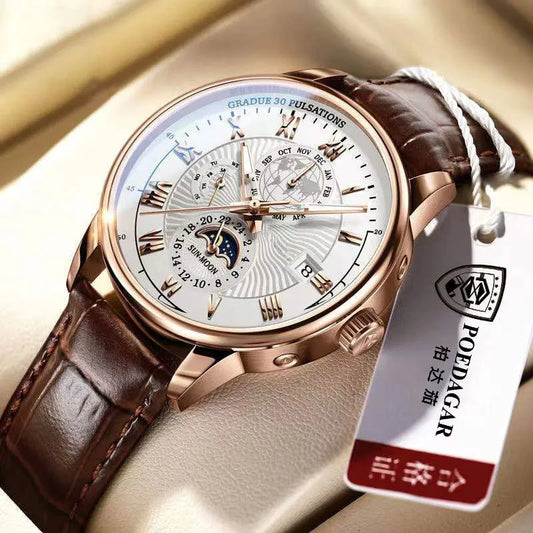 Fashion Brand Men's Business Watch Genuine Leather Automatic Movement  Luminous Clock Luxury Sports Decoration Quartz Wristwatch