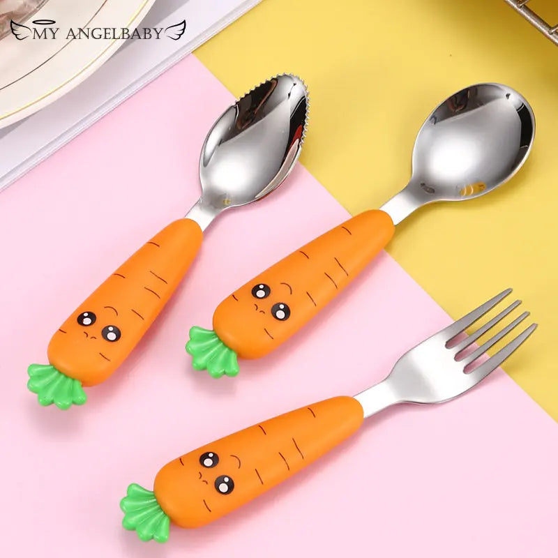 Baby Gadgets Tableware Set Children Utensil Stainless Steel Toddler Dinnerware Cutlery Cartoon Infant Food Feeding Spoon Fork