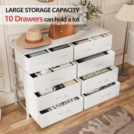 10 Drawers Dresser for Bedroom, White Dresser for 55'' Long TV Stand Entertainment Center, Fabric Bins, Wood Top (White)